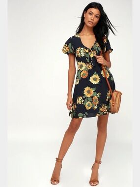 Black Swan Cecily Navy Blue Floral Print Tie-Front Dress Small